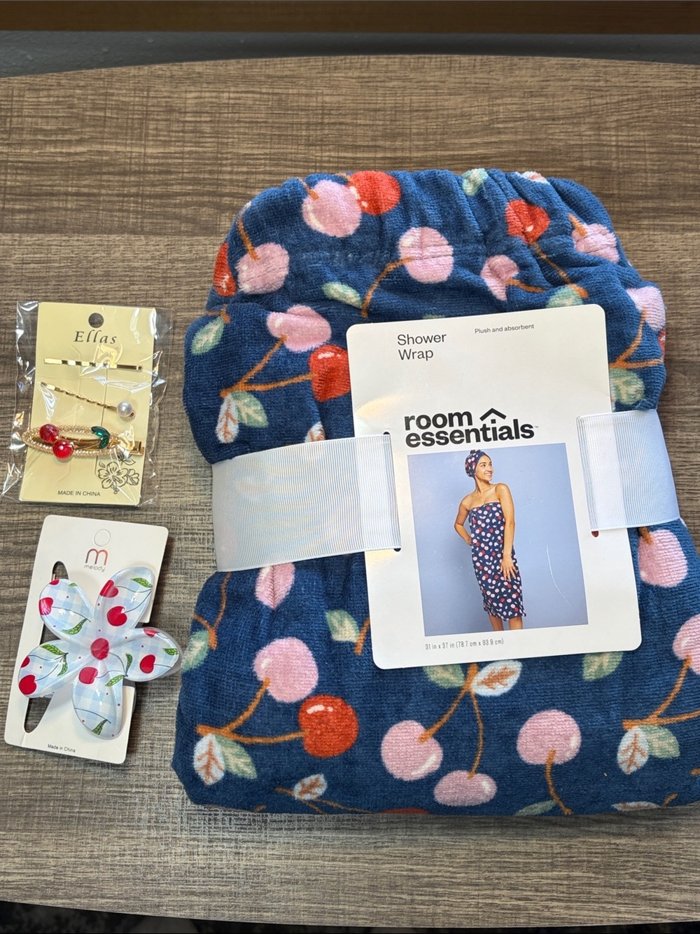 Room Essentials Navy Blue Cherry Print Shower Wrap with Cherry Hair Accessories